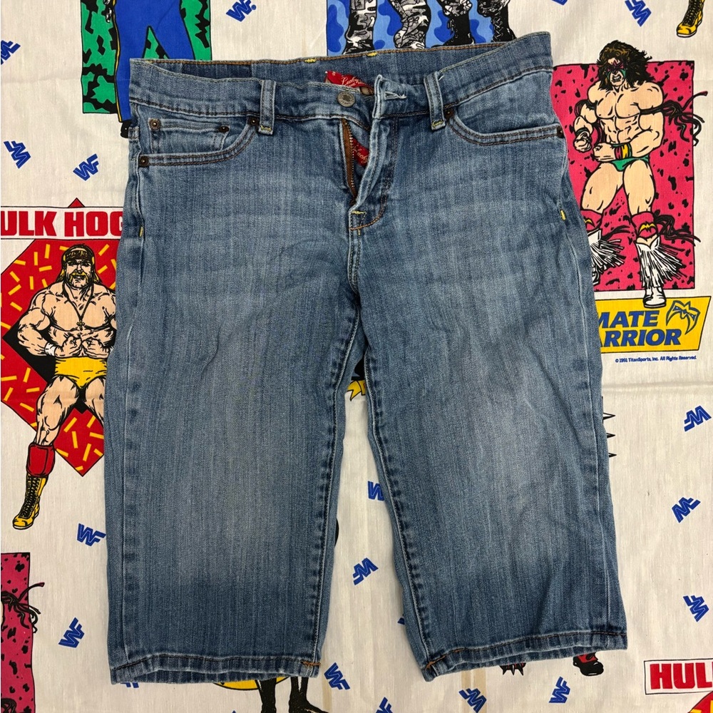 Women’s Luck Brand Y2K Vintage Denim Shorts Red Accents Stich Detail Waist 27/28